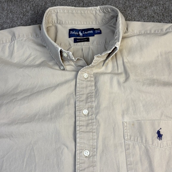 Vintage Polo‎ Ralph Lauren Shirt Men's 2XL Big Beige Button Up Camp Cotton 90s - Picture 3 of 12